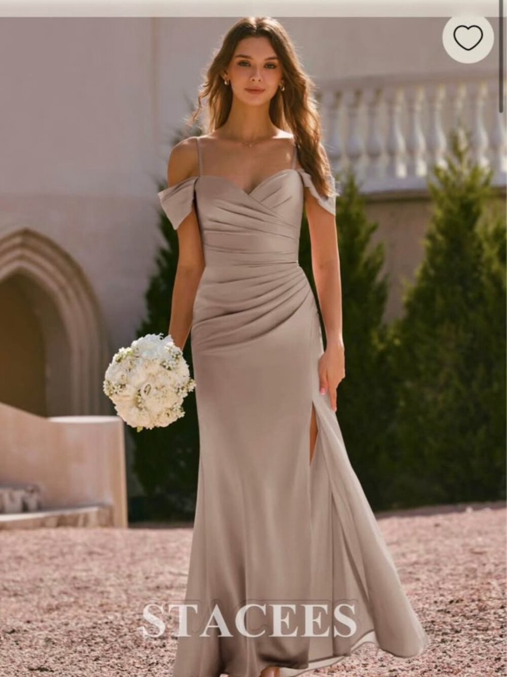 Stacees Taupe Off-Shoulder Ruched Satin Bridesmaid Dress